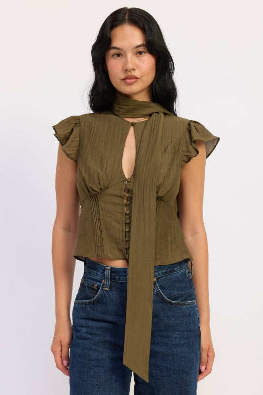 Short Sleeve Button Front Scarf Blouse Emory Park
