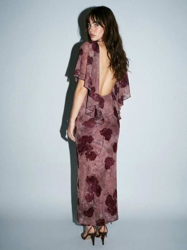 Textured Flutter Sleeve Open Back Maxi Dress by Skylar Rose